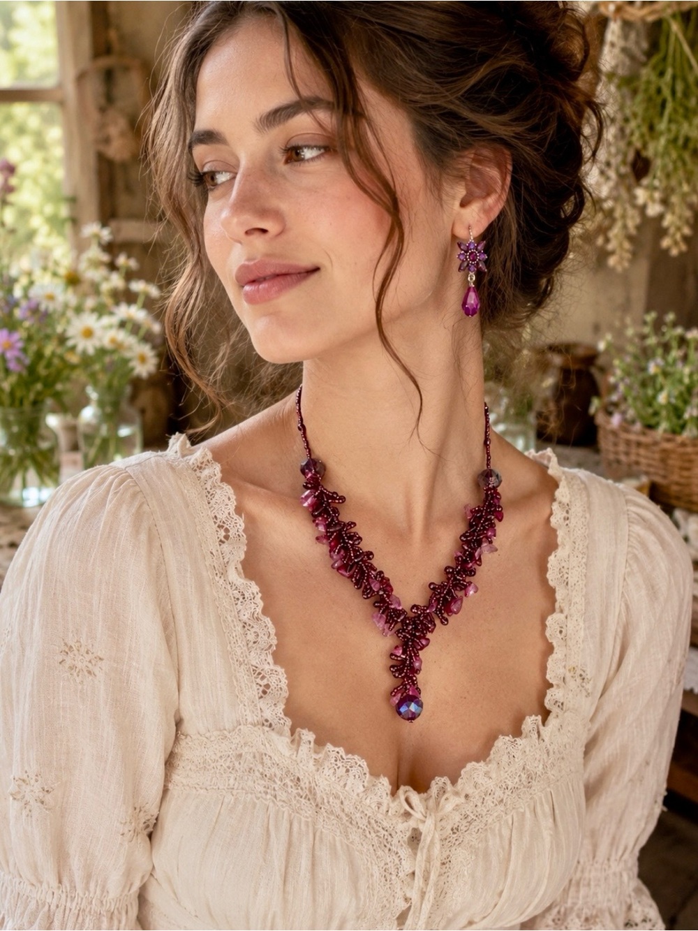 Purple bead necklace set